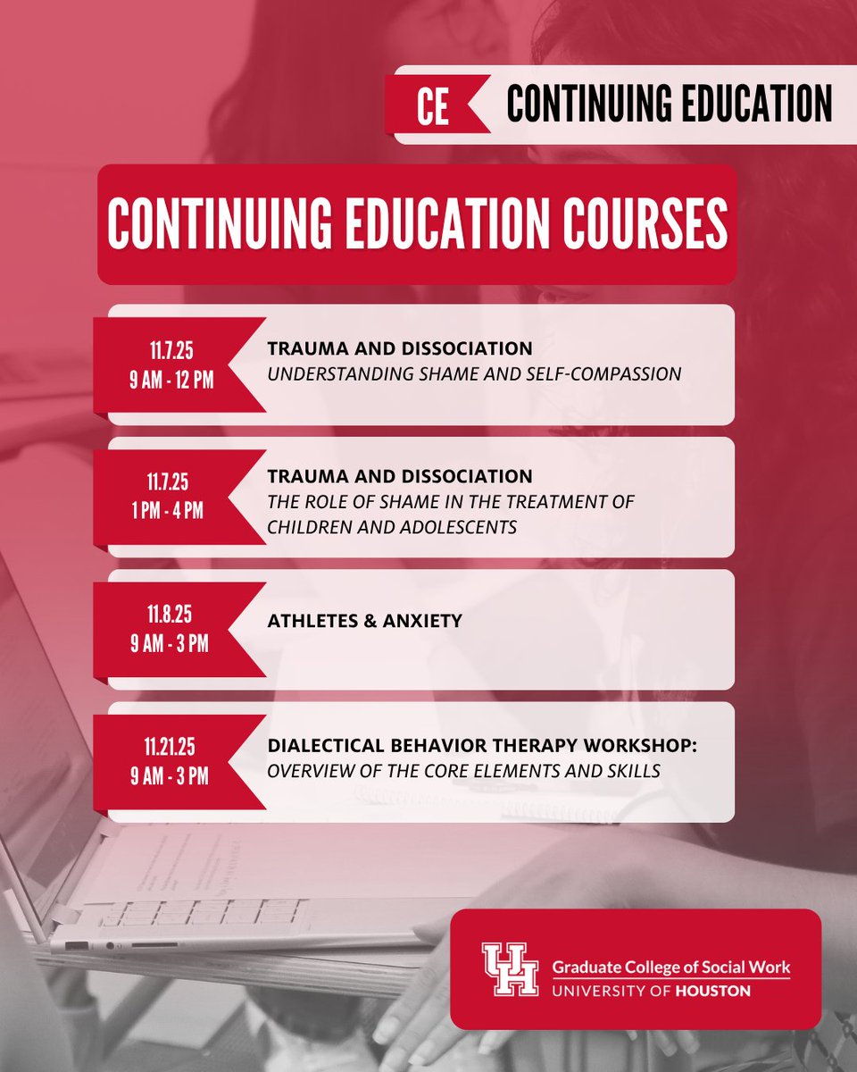 Join us for the following (virtual) Instructor-Led CE classes! All registered participants receive emailed confirmation of enrollment, which contains instructions for accessing course materials, including the Zoom link. Register here: learn.uh.edu/browse/gcsw