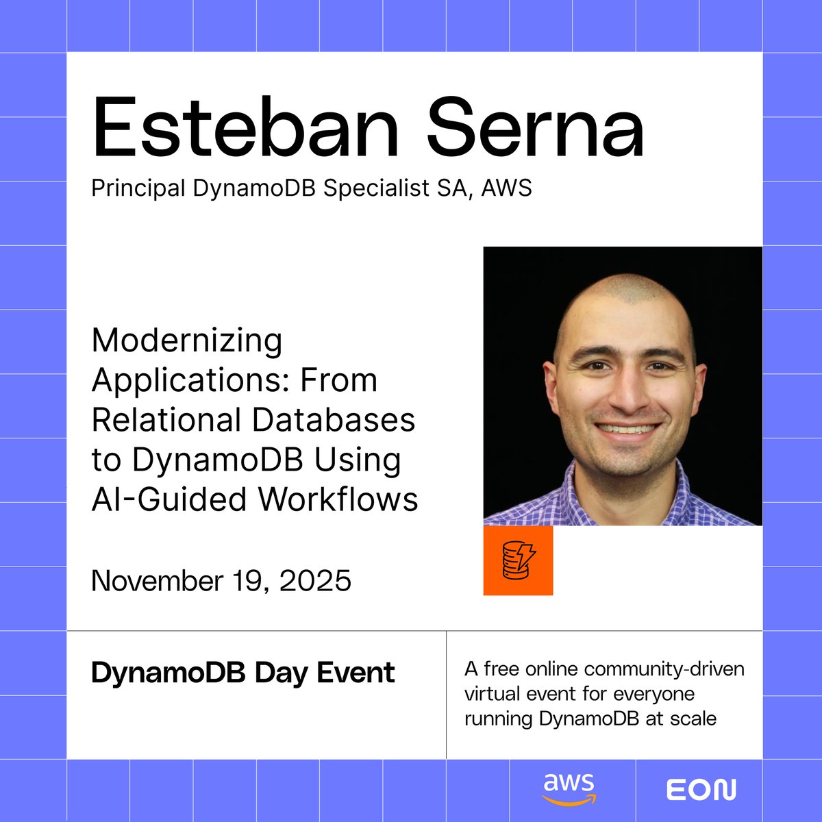 joecolantonio's tweet image. Want to keep your #DynamoDB workloads strong and future-ready? Ron Kimchi from Eon breaks down what actually works for resilience and recovery. Then, AWS’s Esteban Serna shows how to modernize apps from #MySQL to DynamoDB using AI-guided workflows. 🖥️ Register now to watch it…