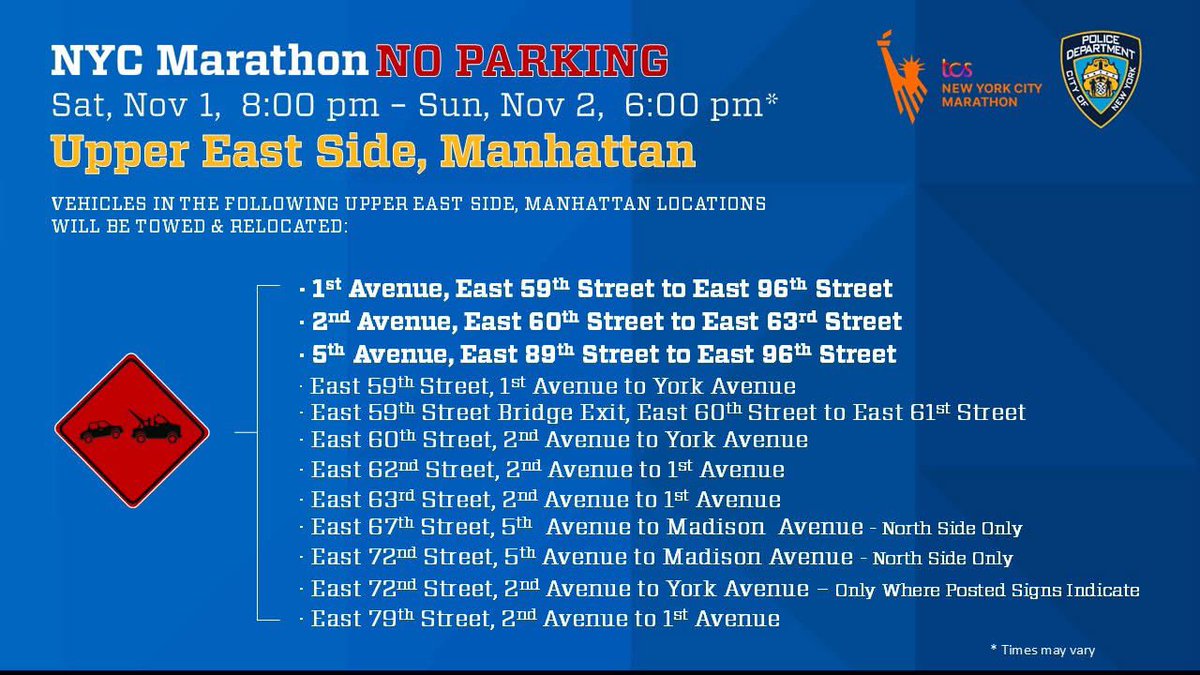 NYPD19Pct's tweet image. ⚠️ NO PARKING ADVISORY:
TOWING BEGINS TONIGHT, 8PM!

Vehicles will be towed and relocated starting at 8pm on Saturday, 11/1. Signs are posted— please be mindful where you park. Upper East Side blocks where parking is prohibited ⬇️