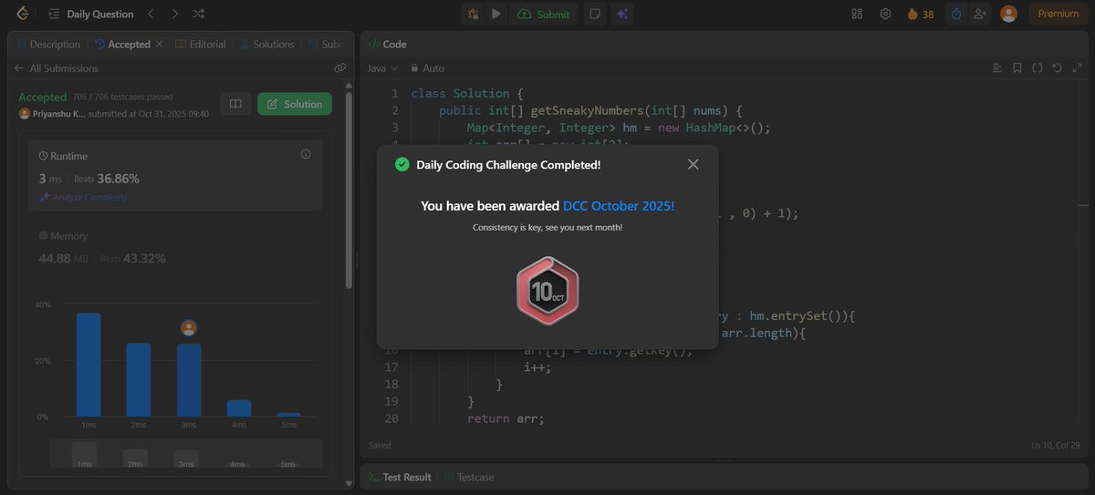 Priyanshu13d's tweet image. 🚀 Day 39/100 — #100DaysOfCode
🏅 Maintained a 39-day LeetCode streak — wrapped up October with a 31-day streak badge 🏅
💻 Created 3 new PRs in the last 5 days for #Hacktoberfest2025
#LeetCode #DSA #OpenSource #Hacktoberfest