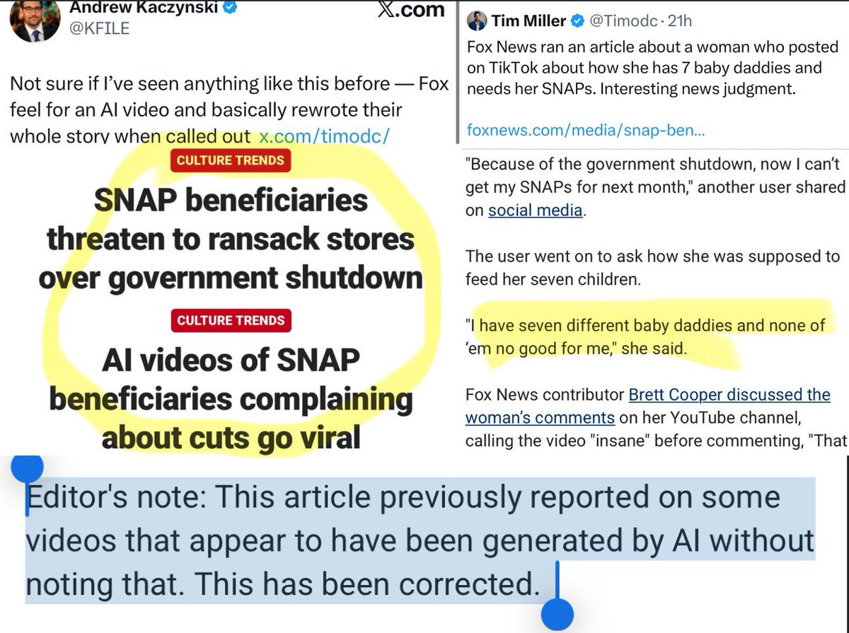 Wow — <a href="/FoxNews/">Fox News</a> fell for a racist AI video about SNAP recipients with “7 baby daddies”… then when called out changed the story to be about AI videos going viral 🤔