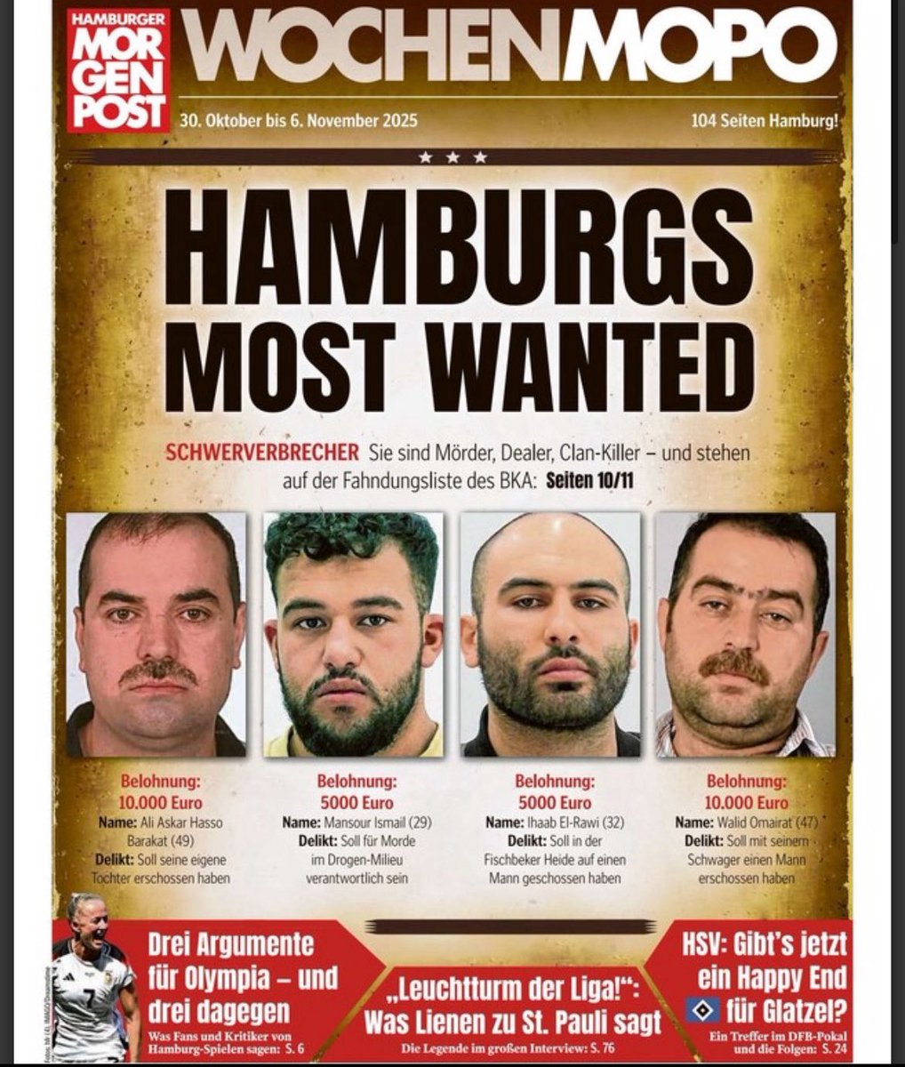 Die vier meistgesuchten Schwerverbrecher Hamburgs. 

Fällt Ihnen etwas auf?

RICHTIG❗️