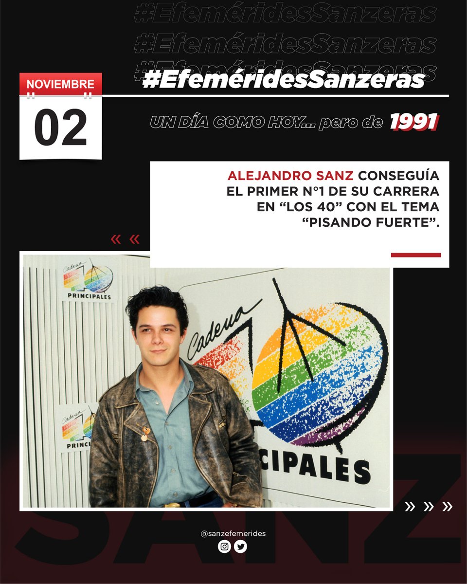 🗓 | #EfemeridesSanzeras 

Un día como hoy, <a href="/AlejandroSanz/">Alejandro Sanz</a> conseguía el primer N°1 de su carrera en #Los40 con el tema Pisando Fuerte.

#AlejandroSanz  
#UnDíaComoHoy #TalDíaComoHoy #Efemérides
