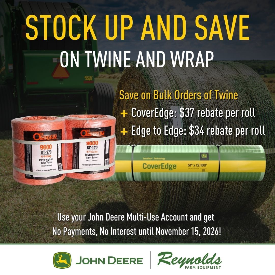 Don’t wait until next season to pay more for twine and wrap.
Get the biggest rebate and lowest prices with up to a $37/Rebate per roll of wrap + No Payments &amp; No Interest until Nov 2026 when you use your John Deere Multi-Use Account! Learn more: bit.ly/3JfRixs