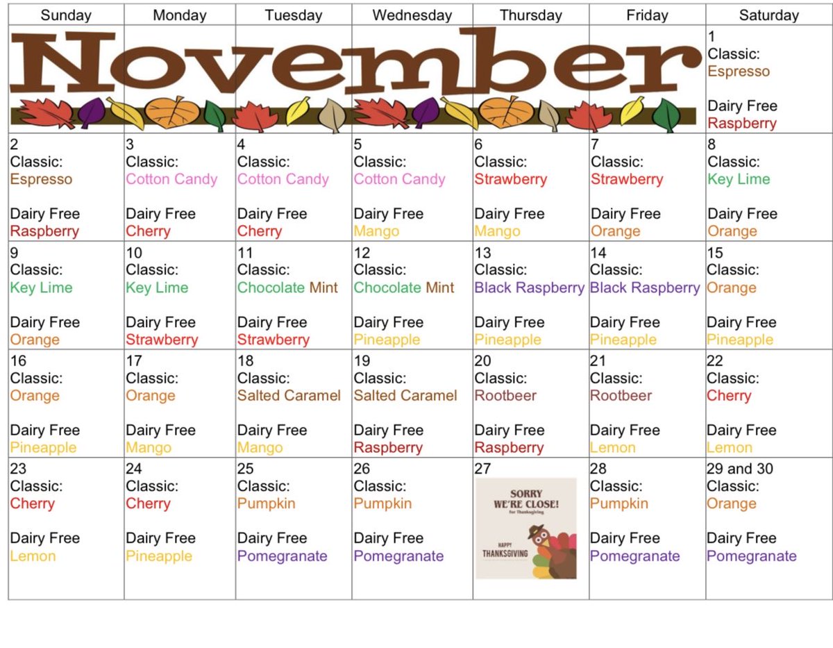 Our November flavor calendar is here! Open daily 11am-9pm, but we will be closed on Thanksgiving Day!

Check out our new flavor ESPRESSO available through Sunday 11/2! ☕️ 🤎