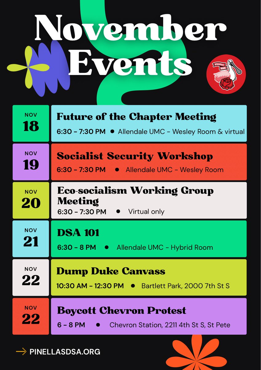 Get involved this month by checking out our November events and meetings! Our complete calendar can always be found on our website. 🍁

New to DSA and not sure where to start? Click the link in our bio to fill out an interest form and an organizer will be in touch! 🔗