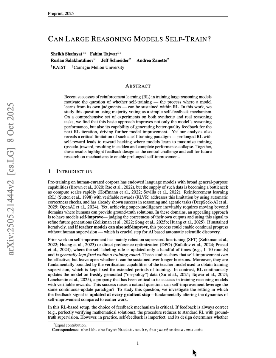 Montreal_AI's tweet image. Can Large Reasoning Models Self-Train?

Shafayat et al. : arxiv.org/abs/2505.21444

#ArtificialIntelligence #DeepLearning #MachineLearning
