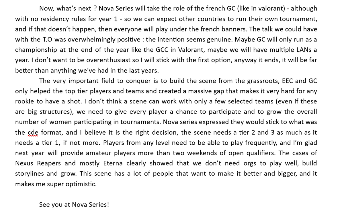 Reflections on GC and what they could mean : a lackluster tournament (1) but a healthy backbone (2).  I'm optimistic about the future with the nova series being locked for 3 years.
Also reflections on what the scene needs to drift towards : grassroots building (3/4)