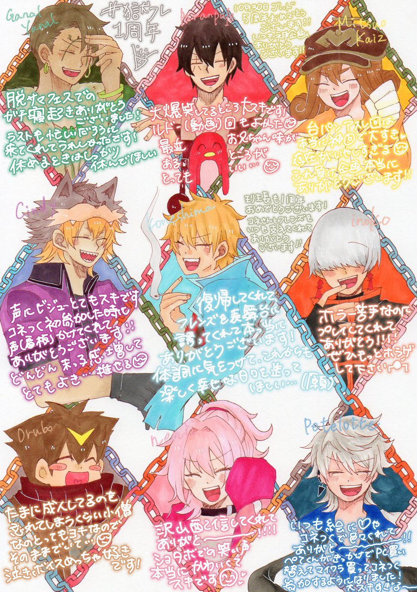 本当におめでたい🥳🌻
色々と詰め込んだら字が下手で読み難くなってしまった…

#獄フレ1周年
#獄中アート