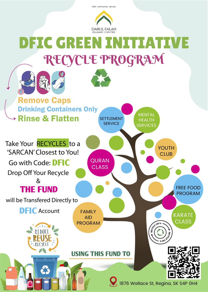 DarulFalah2022's tweet image. Join DFIC’s Green Initiative!
Turn your recyclables into community impact
Sign up here: forms.gle/x6L1JjmjEynvKh…
#DFIC #RecycleForGood #GreenInitiative #SustainableFuture #TogetherForChange #yqr #Regina
