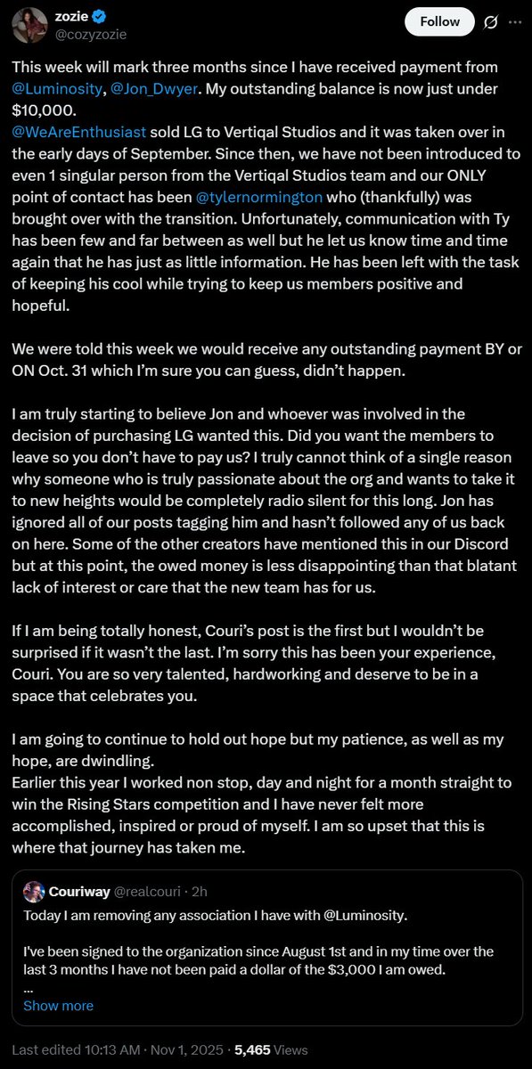 zachbussey's tweet image. Creators signed to @Luminosity are starting to call out  Vertiqal Studios, as well as its CEO, @Jon_Dwyer, for lack of payment and communication. 

Vertiqal Studios ($VRTS TSX) acquired Luminosity on September 2, 2025. 
newsfilecorp.com/release/264738…