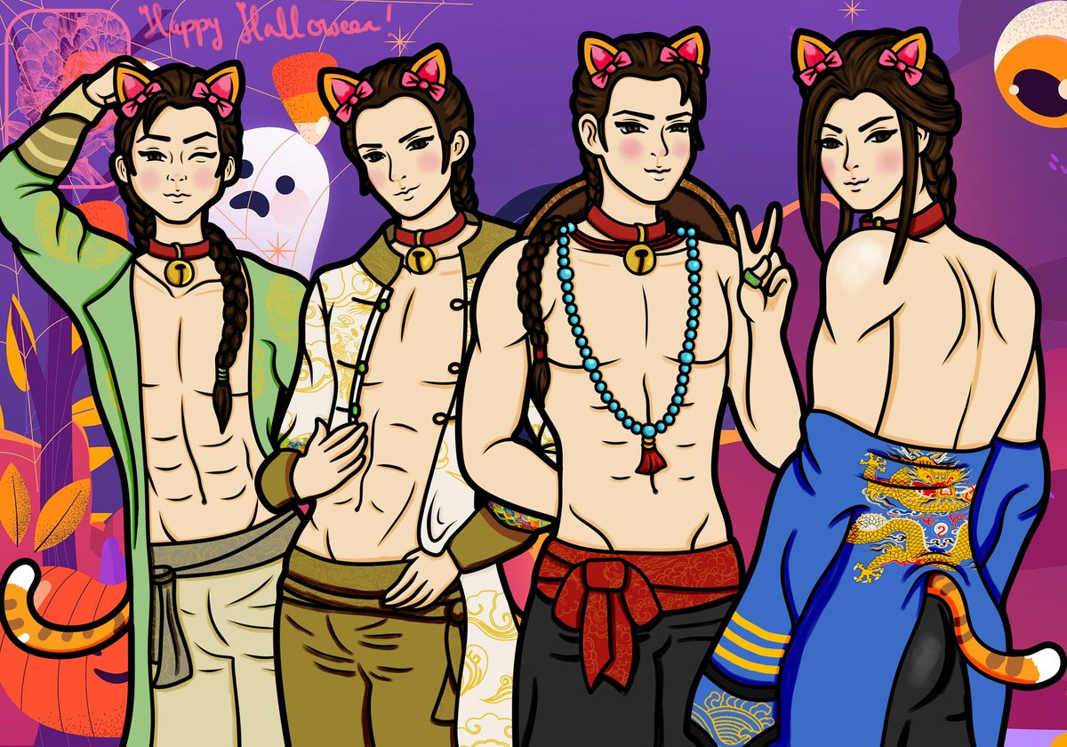 NatmonkeyMFR's tweet photo. Belated happy Halloween from the Four Slutty Cat Dukes! #legendofthephoenix https://t.co/G23xYdpqUX
