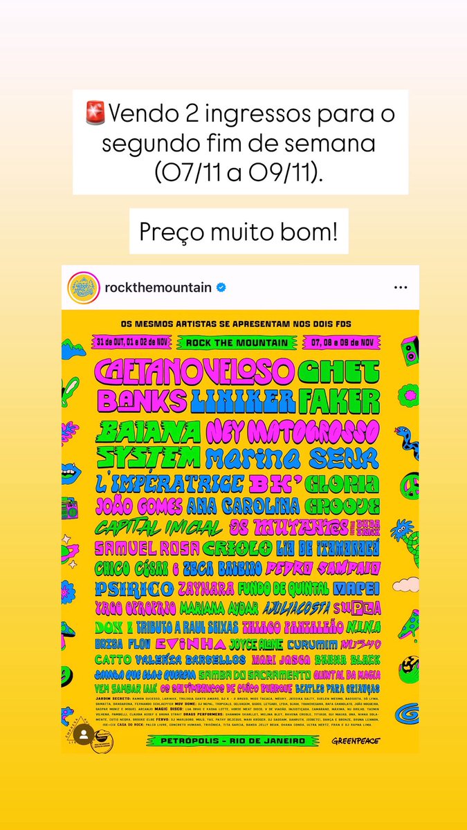 Bom dia!
Vendo Rock The Mountain, 2• FDS (7 a 9/11).
Tenho 2 ingressos.
Preço MUITO bom!
Chame no privado, por favor!