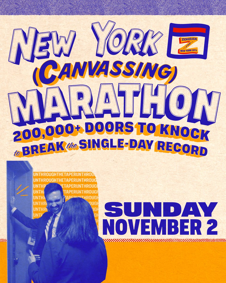 Help team <a href="/ZohranKMamdani/">Zohran Kwame Mamdani</a> break a canvassing record this Sunday on the LAST DAY of #nycearlyvoting !! Sign up at zohranfornyc.com/GOTV !