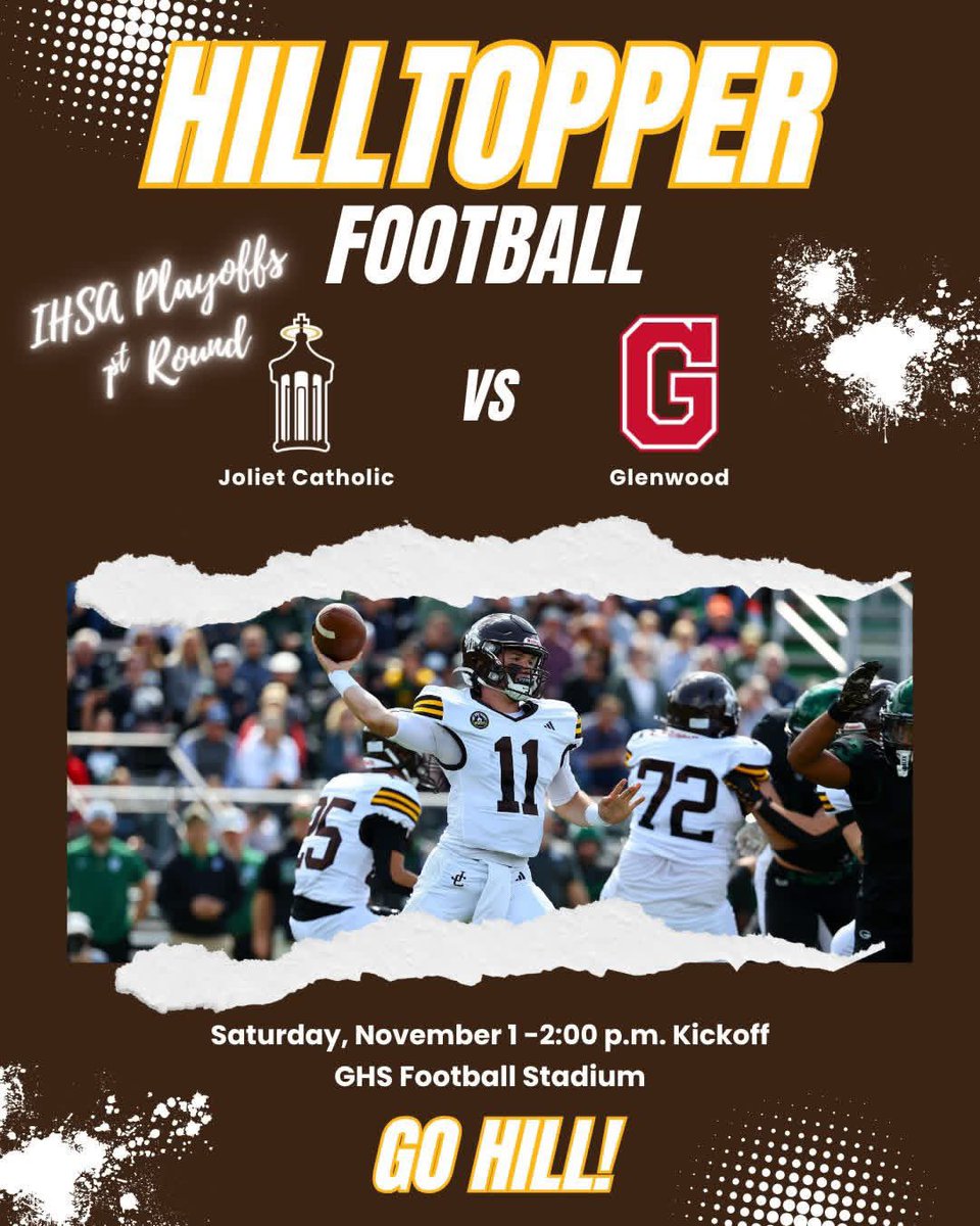 HilltoppersFB's tweet photo. Gameday!

IHSA Playoffs 1st Round
Joliet Catholic at Glenwood
2 p.m. Kickoff

📺 Watch: https://t.co/AF617Elcjn
🎟️Tickets >> https://t.co/vmCT16HMJB
📻Listen: @WMAYNews

#GoHill https://t.co/Z8c6dHI2Hl