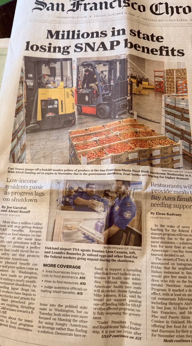 EndChildPovCA's tweet photo. .@sfchronicle reports on the #hunger crisis by the @USDA refusing to follow the law and issue #SNAP benefits 2 million #CA kids rely on to eat
Never in the history of #FoodStamps benefits not gone out
TY to @CAgovernor @AGRobBonta @SEIU & all suing to defend #SNAPmatters! https://t.co/d8FEPtAFLM