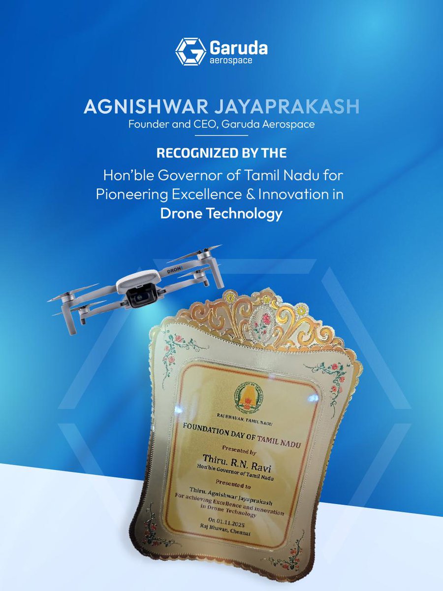 garuda_india's tweet image. Proud moment for Garuda Aerospace! 🚀
Our Founder &amp;amp; CEO, Agnishwar Jayaprakash, has been recognized by the Hon’ble Governor of Tamil Nadu for Pioneering Excellence &amp;amp; Innovation in Drone Technology. 

@AgnishwarJ @rajbhavan_tn

#GarudaAerospace #DroneTechnology #Innovation