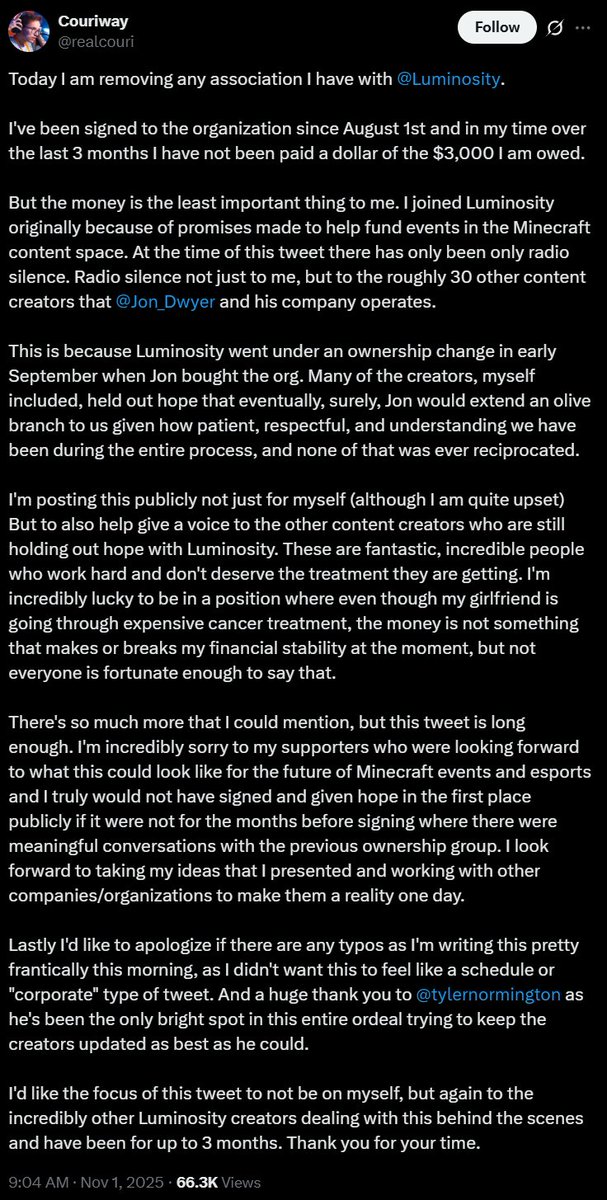 zachbussey's tweet image. Creators signed to @Luminosity are starting to call out  Vertiqal Studios, as well as its CEO, @Jon_Dwyer, for lack of payment and communication. 

Vertiqal Studios ($VRTS TSX) acquired Luminosity on September 2, 2025. 
newsfilecorp.com/release/264738…