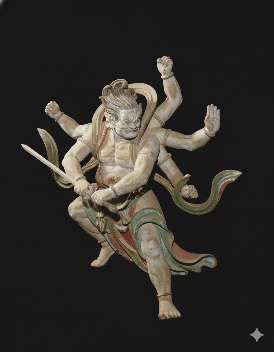 這是一尊元代三頭六臂軍荼利明王像的圖片，用 #google 的 #nanobanana 去除背景並根據造像肌肉及生理結構生成了符合物理和生物學的幾個不同姿態的造型，真的非常自然，拿來做比較的 #即夢 生成出來的效果劣化的就十分嚴重，完全無法與 #nanobanana 相比。感謝<a href="/Tresmort/">喵爸有毒</a>