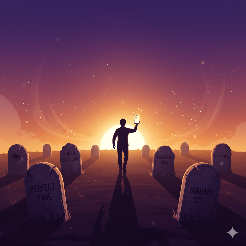 YAP2Learn's tweet image. New Year,  New Me&quot; language goals are why you&apos;re still not fluent.  Waiting for January = procrastination with a calendar.  

Here&apos;s the truth nobody wants to hear:  
❌ You don&apos;t need 2-hour study sessions 
❌ You don&apos;t need &quot;the perfect time&quot;   
❌ You don&apos;t need to master…