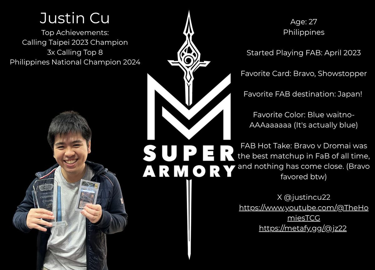 MinMaxGames1's tweet photo. Justin Cu is well acquainted with the main stage. Hopefully, his time testing with the Super Armory pays off big for Worlds!

#FABTCG https://t.co/4yOC7qv0DL
