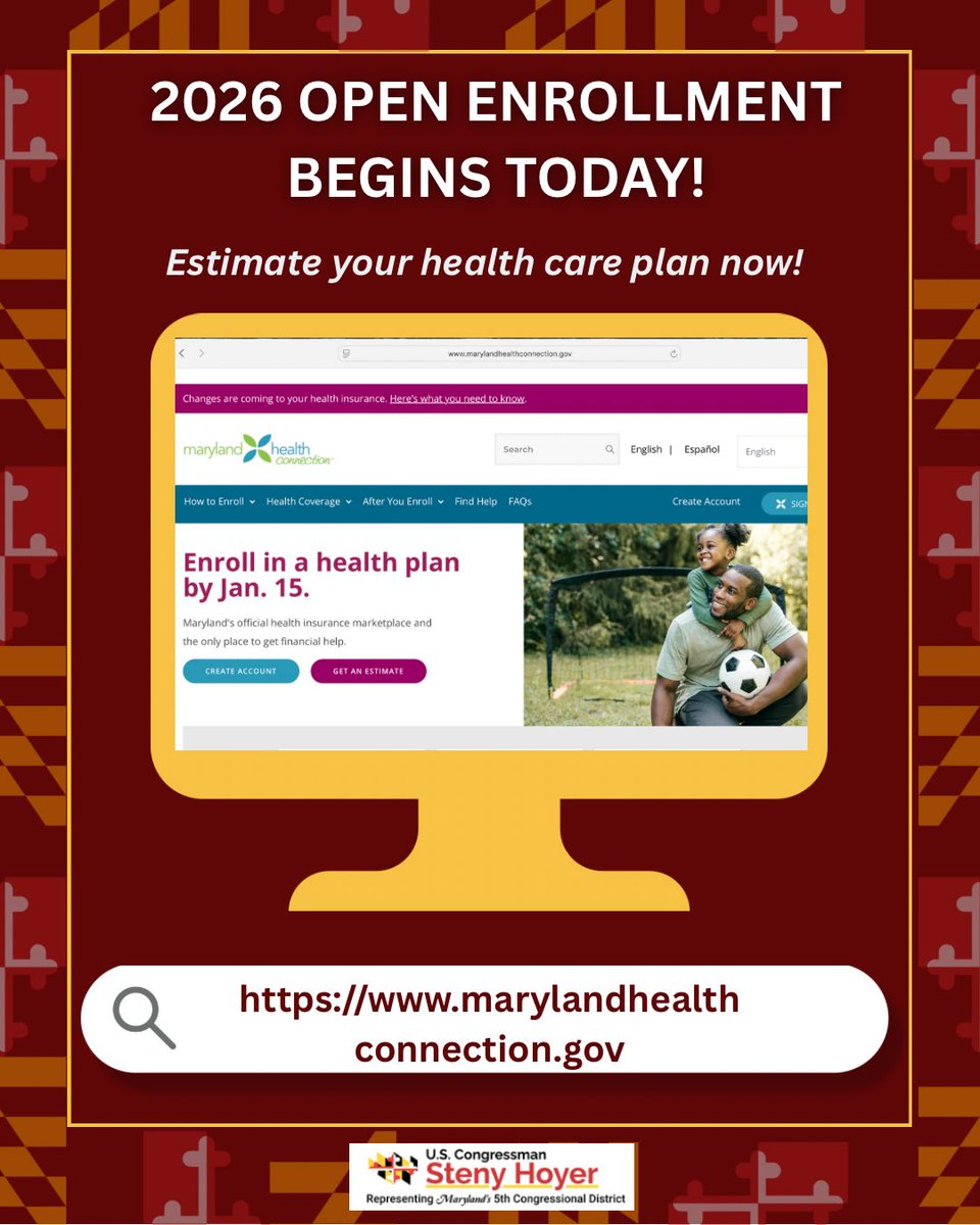 Attention #MD05: The 2026 Open Enrollment period is underway!

To ensure your health care coverage will still apply for your needs in 2026, Marylanders can visit marylandhealthconnection.gov or call 1-855-642-8572. 

Enroll in your coverage today!