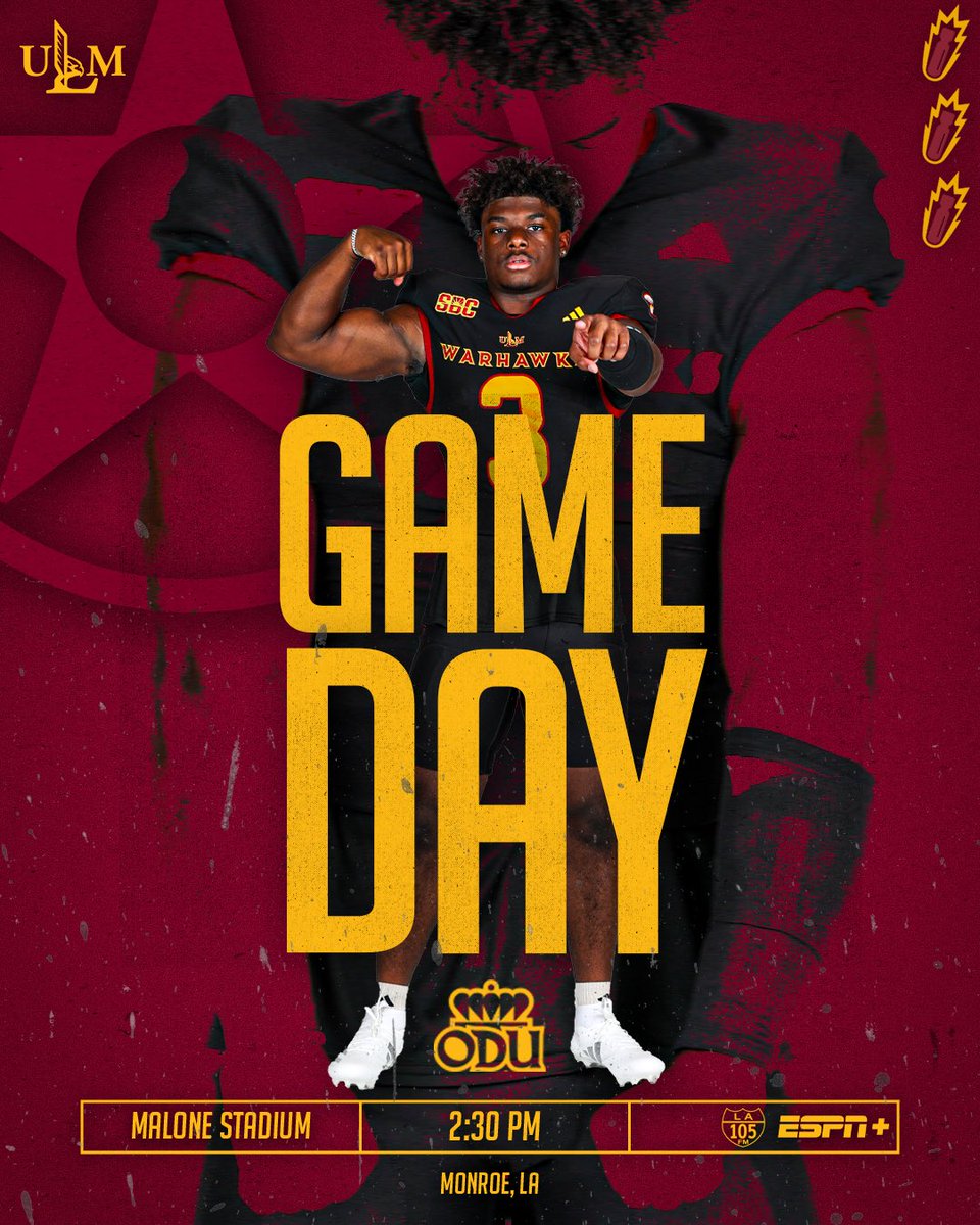 It’s gameday‼️
👉 Military Appreciation 
🆚 Old Dominion
🕝 2:30 p.m.
📺 ESPN+ | bit.ly/3LDjdba
📻 KLIP 105.3 FM | bit.ly/4nzhwsK
🎟️ ulmwarhawks.com/tickets