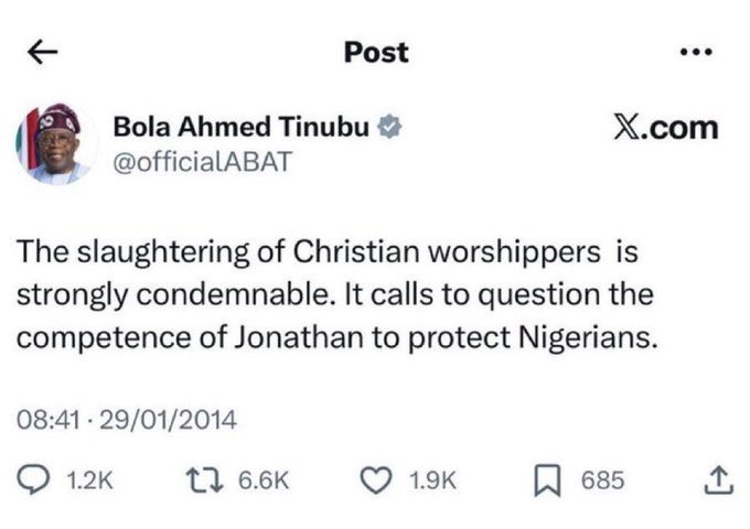<a href="/officialABAT/">Bola Ahmed Tinubu</a> Mandate thief! This was you in2014, how do you see that Christians are being killed &amp; marginalized, yet went ahead to pick a Boko Haram sponsor &amp; enabler as your vice? 

Who are you deceiving??