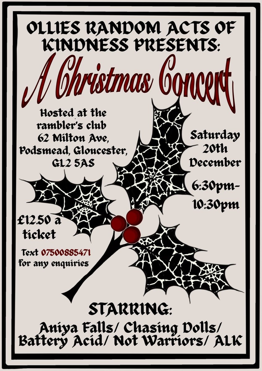 We’re bringing festive chaos &amp; killer live music to Gloucester this December 👀🔥

📍 The Ramblers Club, Podsmead
📅 Sat 20th Dec | ⏰ 6:30–10:30pm
🎟️ £12.50 tickets

Featuring:
Aniya Falls / Chasing Dolls / Battery Acid / Not Warriors / ALK

#GloucesterMusic #ChristmasGig