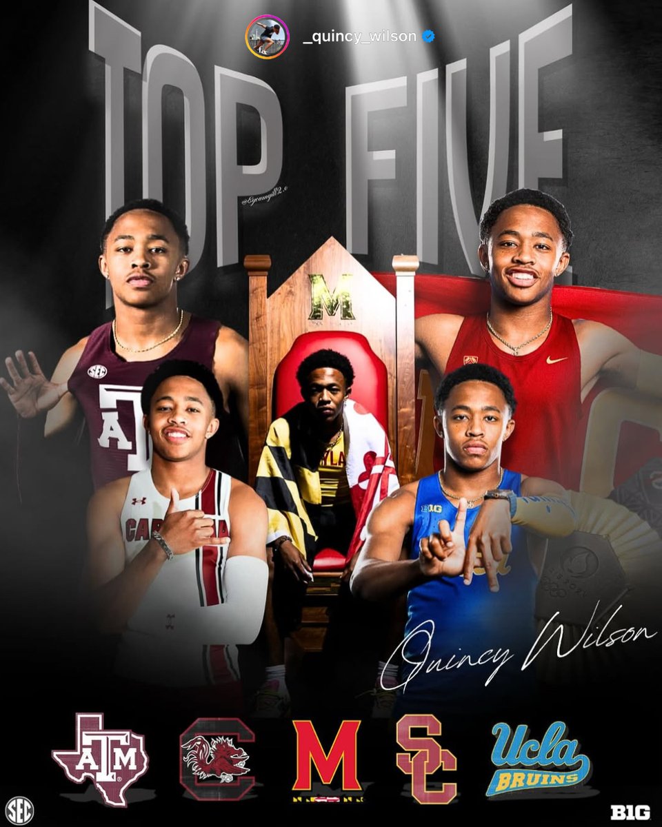 Olympic gold medalist and U18 400m world record holder Quincy Wilson has announced his top 5 schools as he contemplates his college decision.

• TEXAS A&amp;M
• UNIVERSITY OF SOUTH CAROLINA
• UNIVERSITY OF MARYLAND
• USC
• UCLA 

Where will he take his talents?