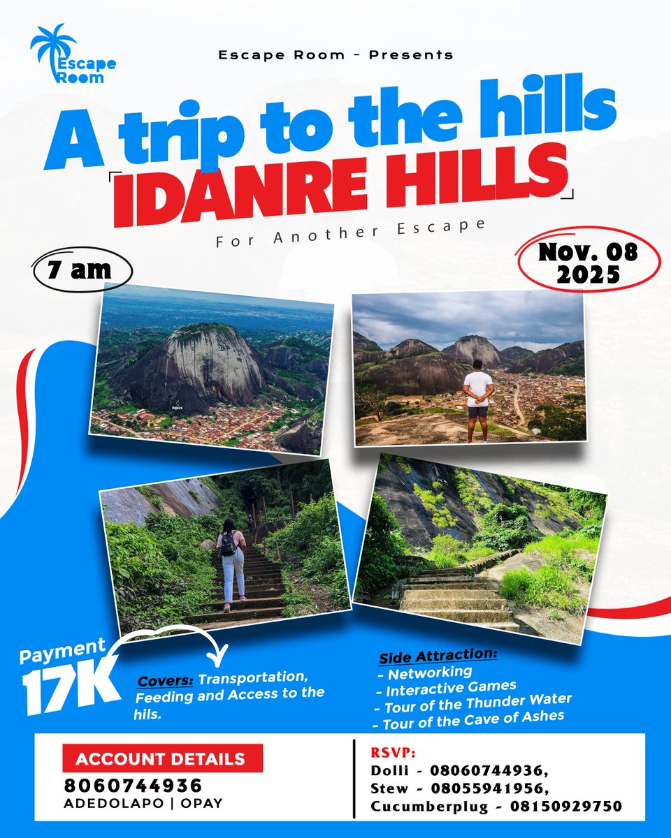 Let's escape to Idanre Hills 🏞️🔥
Join the squad Next week, Nov 8th for an epic escape room adventure amidst nature's vibes.
Limited spots available 

Book Now🤏