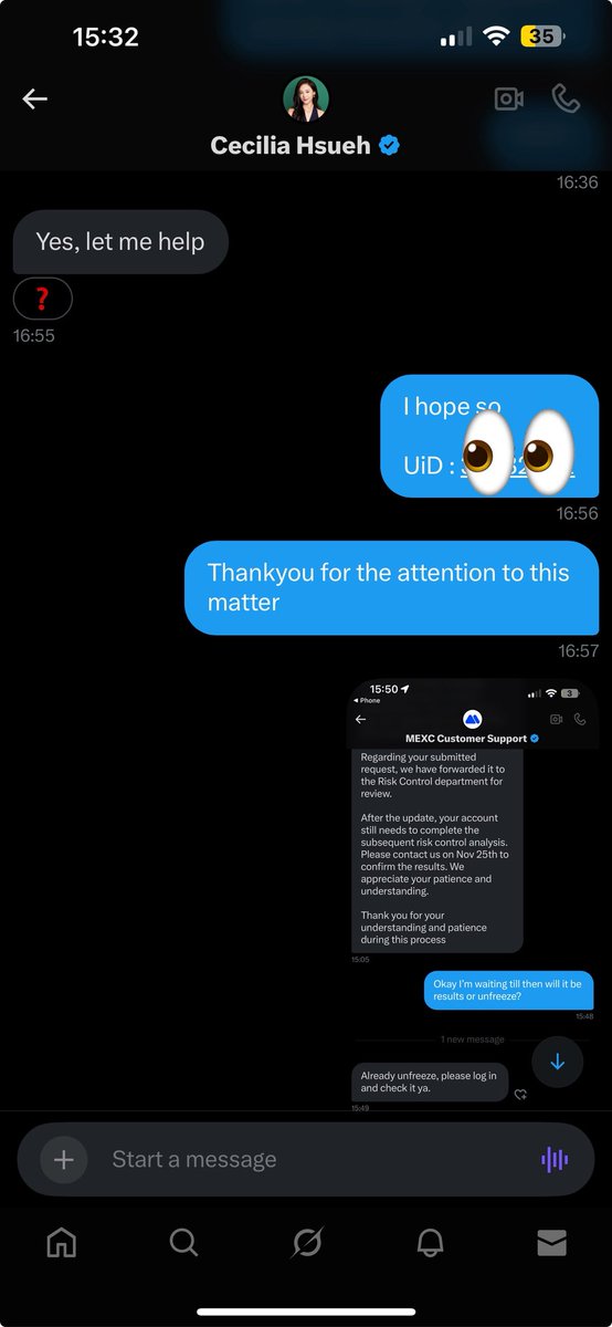 Yesterday <a href="/cecilia_hsueh/">Cecilia Hsueh</a> said my case was forwarded and she’d follow up today (it was late in Asia). Still no response yet—just an update that I’m waiting for my funds to be unfrozen.
Screenshots attached 

#mexcfreeze