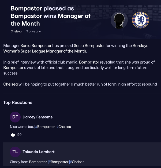 Just Sonia Bompastor telling Sonia Bompastor what a good job she's doing.

#FM26 #ClassyFromBompastor