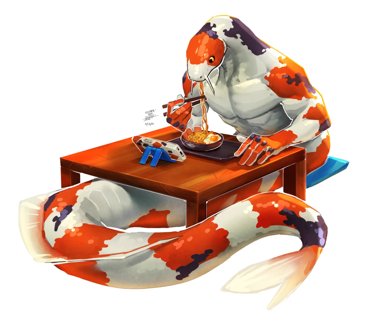 A koi serpent eating noodles and watching something on his phone