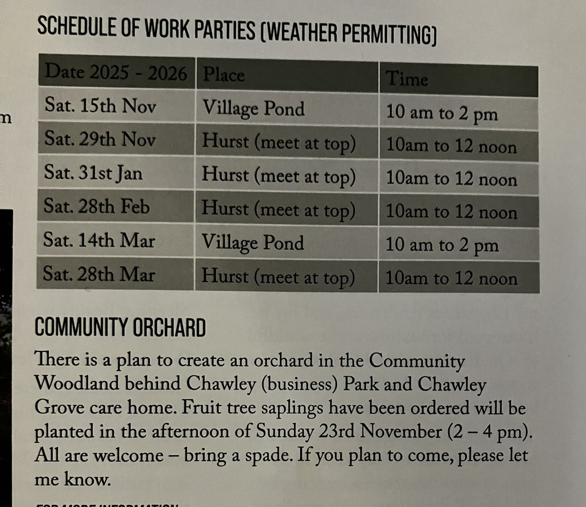 Do you want to get involved in planting a community orchard or maintaining The Hurst and Village Pond - see below for dates. All welcome!
