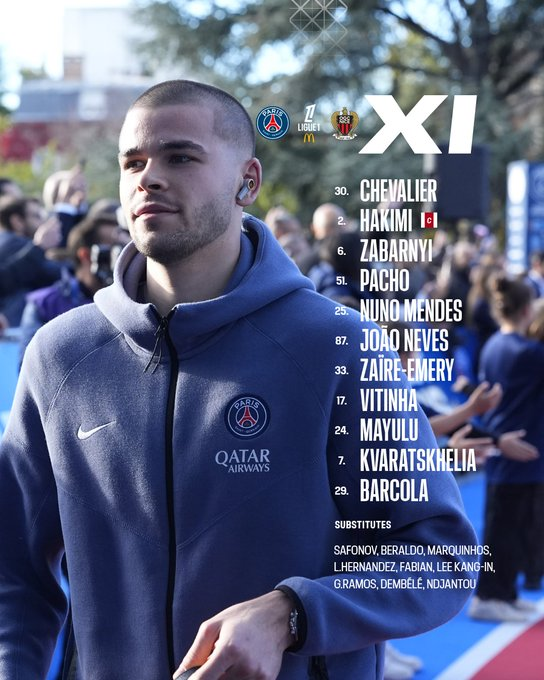 R_PSG_'s tweet photo. 🚨Le XI du PSG pour affronter Nice ! ❤️💙

Joao Neves 🇵🇹 de retour dans le onze 🔙Marquinhos 🇧🇷lui debute sur le banc 

#PSGOGC https://t.co/UQXIerLuQH