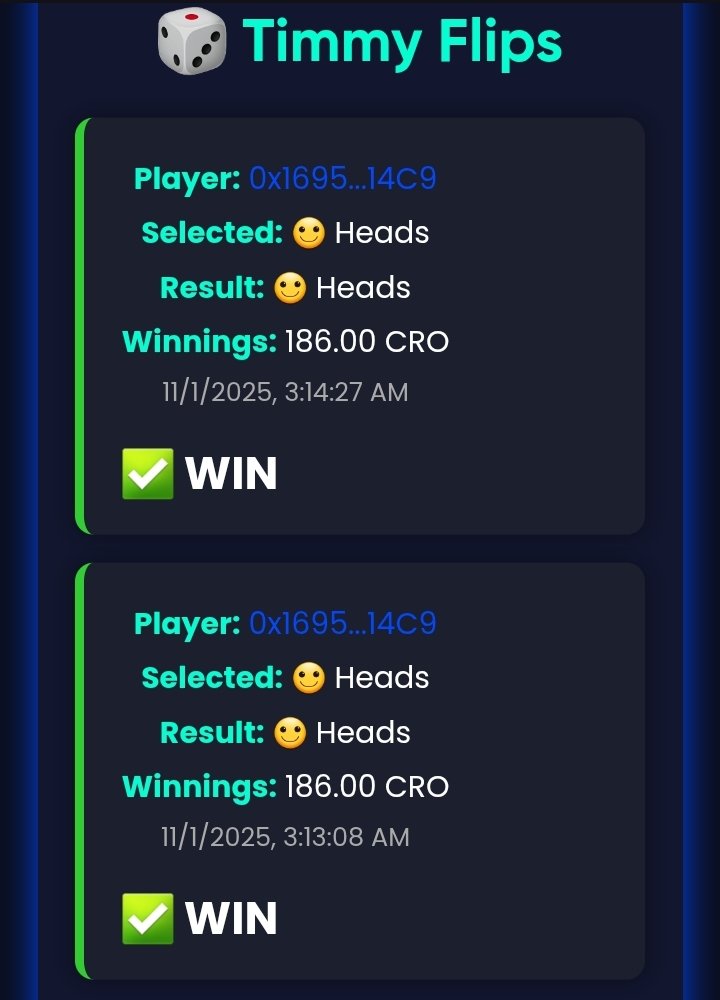 Want to win like this Degen?
Flip the coin and I'll wish you luck
timmy.finance/coinflip
#crofam $cro