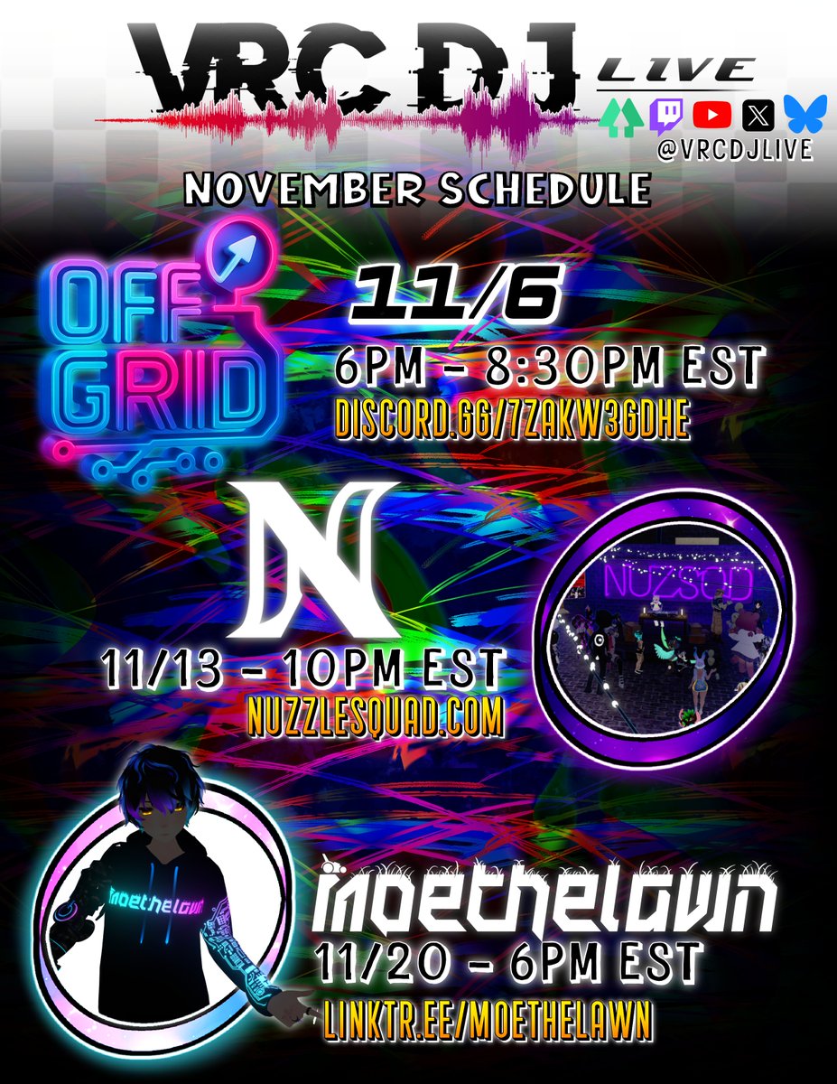 VRCDJLIVE's tweet photo. Breaking into the IRL space is what most VR DJs are locked into for the new year. Let's break down your November with people ACTUALLY getting it done!

@stayawhile #OffGrid @Jazzy_VRC @NuzzleSquadVRC @moethelawnvr 

https://t.co/EsVXIHFCjL https://t.co/1ghIUeWj5b
