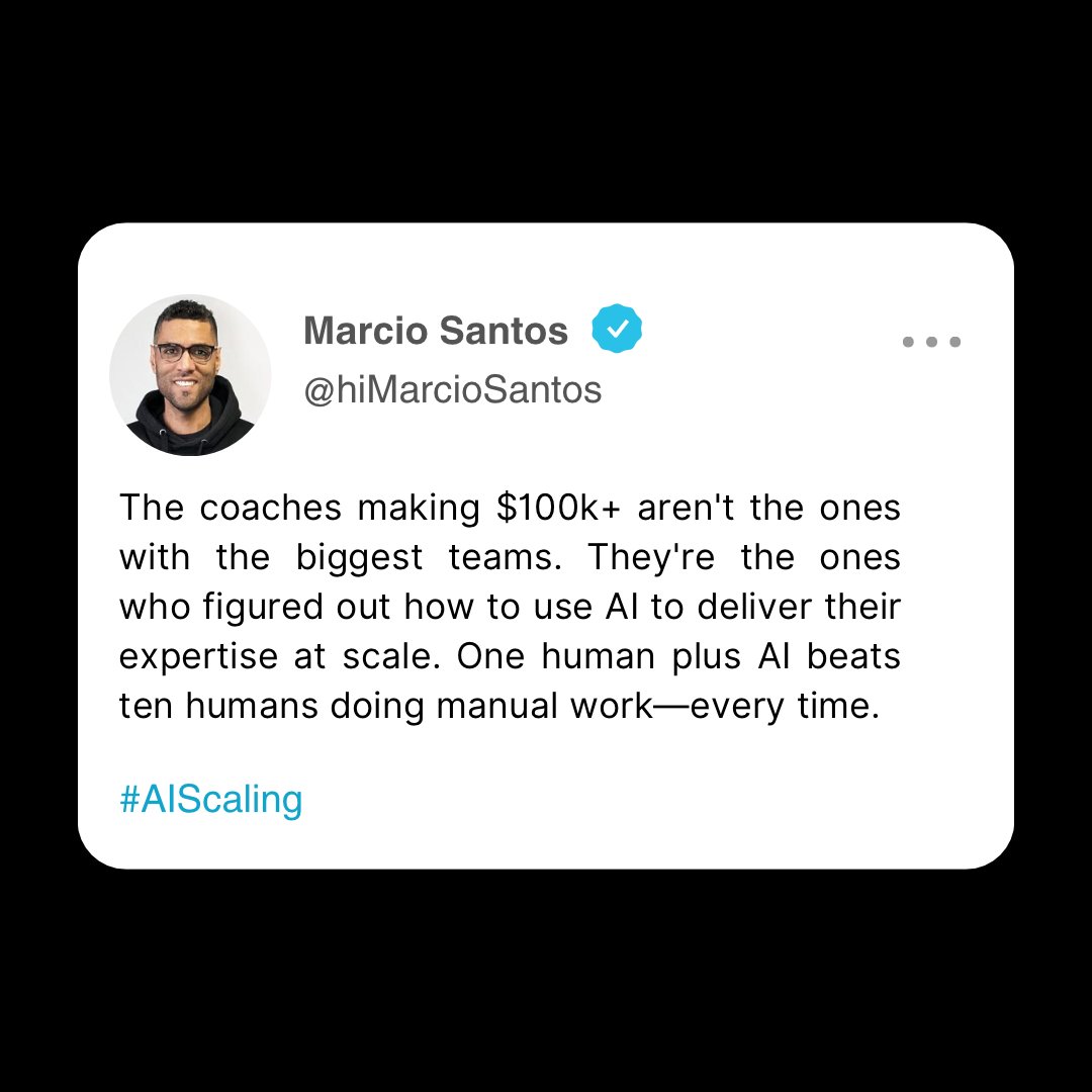 himarciosantosx's tweet image. The coaches making $100k+ aren&apos;t the ones with the biggest teams. They&apos;re the ones who figured out how to use AI to deliver their expertise at scale. One human plus AI beats ten humans doing manual work—every time.

#AIScaling