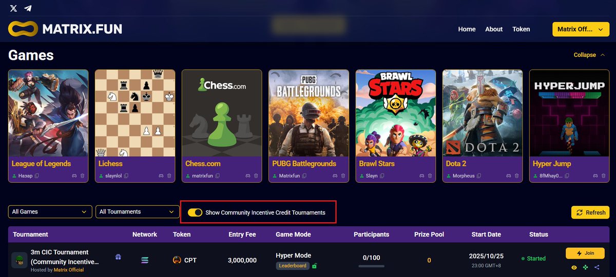matrixdotfun's tweet image. To join the Matrix Community Incentive Program:

Step 1. Click “Show Community Incentive Credit Tournaments” on beta.matrix.fun and join CIC tournaments up to your whitelist community token eligibility amount, or the amount of Community Incentive Points (CIP) you want to…