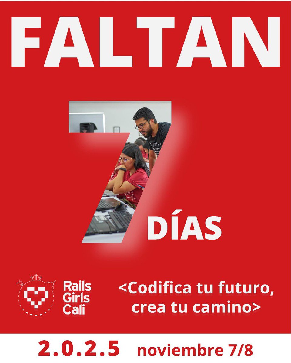 Aún estás a tiempo de inscribirte a nuestro taller gratuito de programación para mujeres en #rubyonrails #railsgirls 

🔗: forms.gle/X57b1P1j7C8a93…