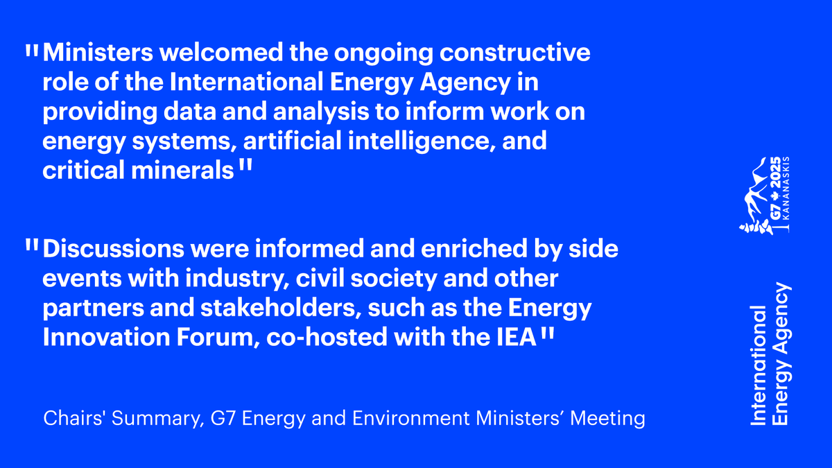 fbirol's tweet photo. Delighted with recognition from #G7 Energy Ministers for @IEA's work across critical minerals, electricity security, AI, innovation &amp; more: https://t.co/5gh43k9sJZ

Congratulations to 🇨🇦 Minister @timhodgsonmt for advancing multilateral cooperation &amp; a strong partnership with IEA https://t.co/lNhSA0GnY4