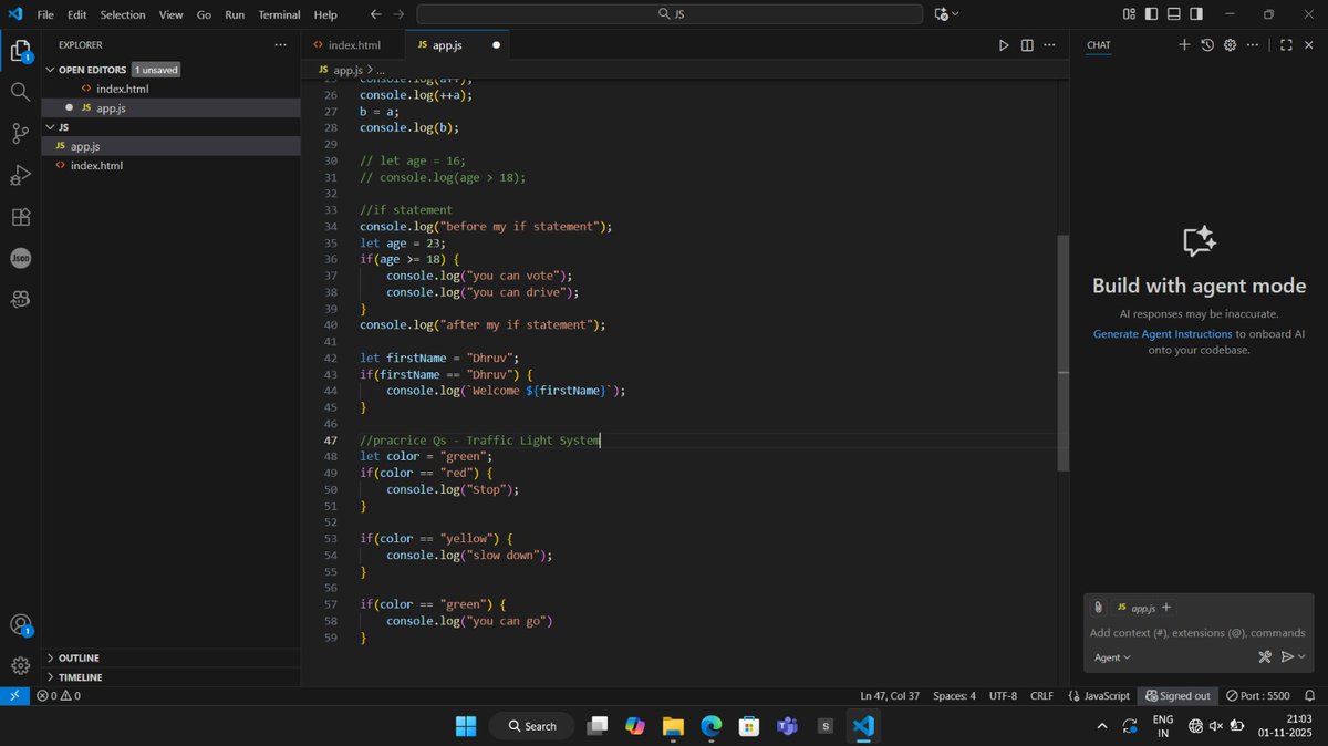 Dhruvofficials's tweet image. 💻Day 16 of #100DaysOfCode
Started JavaScript (Part 2) today —
• Used console.log() for debugging
• Linked JS externally
• Learned Template Literals & Operators
• Studied Comparisons & Conditionals
• Practiced with if statements
#JavaScript #WebDevelopment #CodingJourney