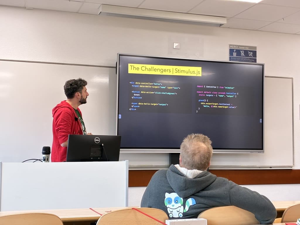 djangoproject's tweet image. At #PyConFR - Mads demonstrates how to combine JinjaX, Stimulus JS, Cube CSS to use a design system approach on #Django projects 🏗️ Combined with Figma, Vite, and Storybook