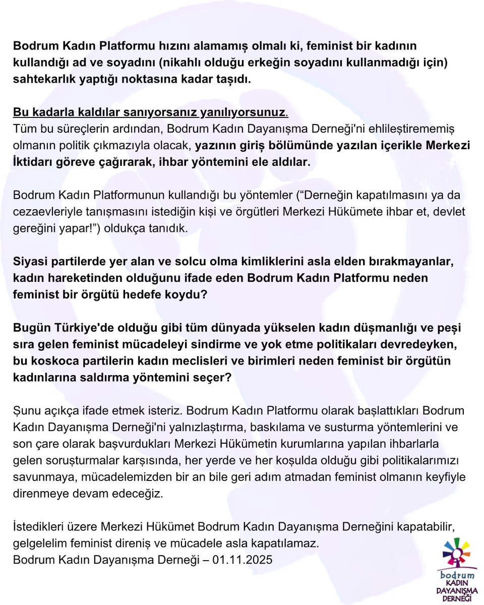 BASINA VE KAMUOYUNA
Bodrum Kadın Dayanışma Derneği olarak "Sarı Feminizm ile Tanışmak" başlıklı açıklamamızı kamuoyuyla paylaşıyoruz.
Bodrum Kadın Dayanışma Derneği - 01.11.2025