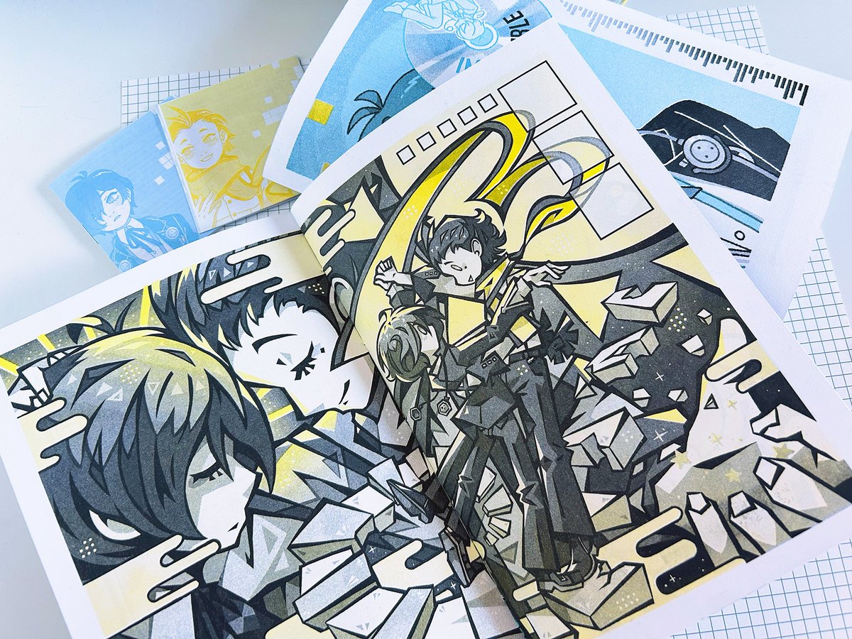Leftover physical copies of our zine are now available in our shop. IMPOSSIBLE SELVES is a handbound risograph zine, created by 13 Persona 3 fanartists. It focuses on the Male MC and Ryoji Mochizuki.

Each copy will also come with a small booklet that contains extra commentary.