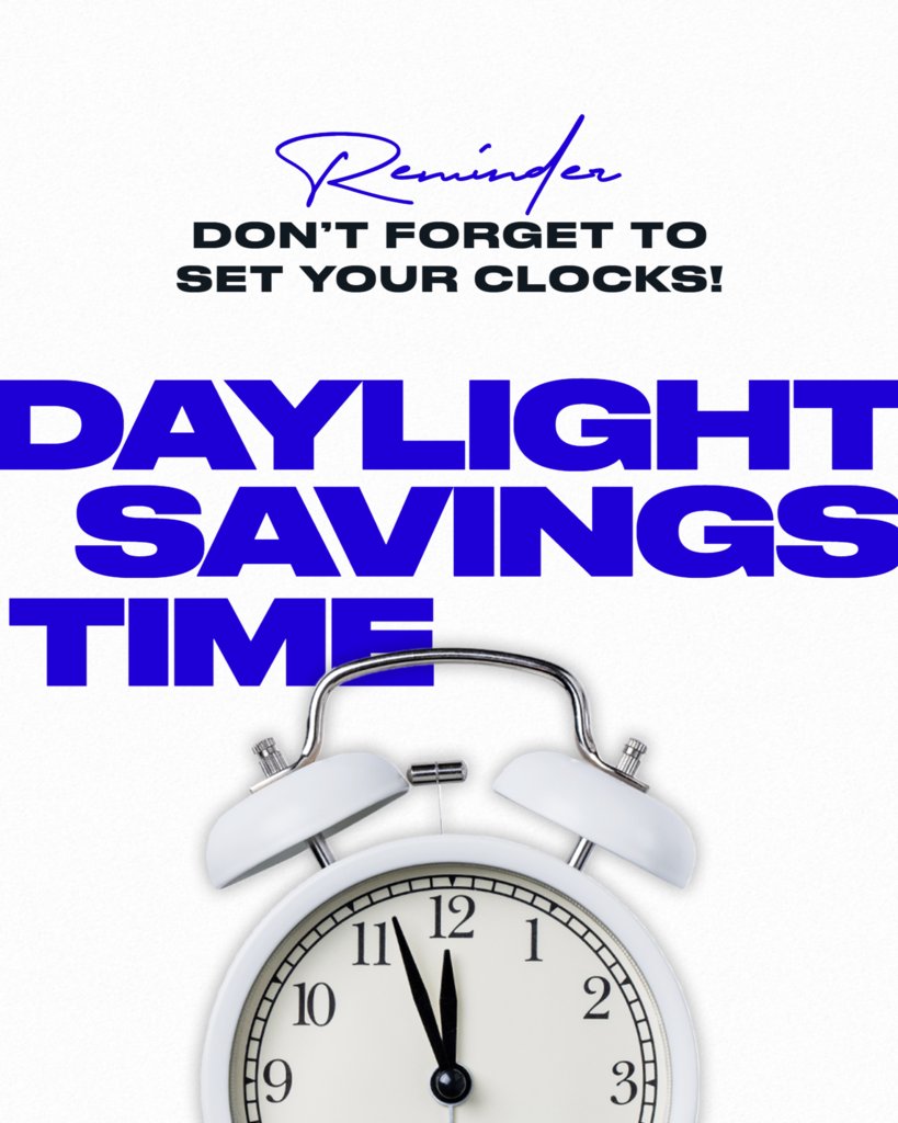 Don’t forget! Daylight Saving Time ends this weekend. Be sure to set your clocks back one hour before you go to bed on Saturday night and enjoy that extra hour of sleep!