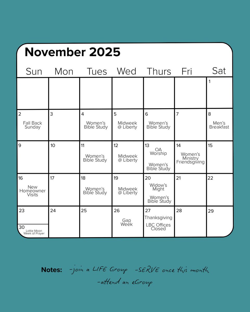 November is HERE❕ and we don’t want you to miss a thing. From Midweek, to New Homeowner Visits, there are lots of ways to get involved and find community!

Follow @lbcstudents_ and @libertykidsmin for even more🗓️

We love you and can’t wait to see you this month.