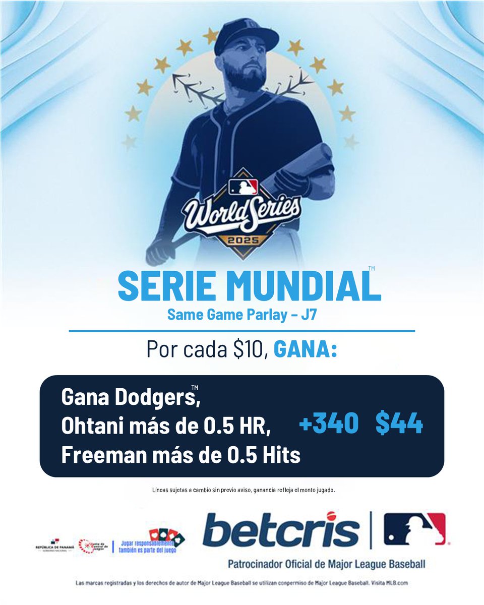 ⚾ ¡GAME 7 HISTÓRICO DE LA SERIE MUNDIAL!

🏟️ Hoy se decide la victoria y Ohtani está listo para dejar su marca en la historia.

📲 ¡Haz tu jugada en Betcris! bit.ly/PanamaBetcris2…