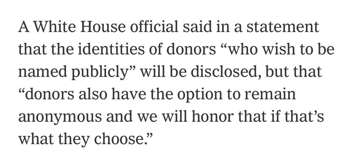 svdate's tweet image. To every Trump Cult apologist who pointed to the list of donors (but not their amounts) as proof of transparency, here you go:
Also, the donors are not “anonymous” to the White House. They know damn well who they are and what they want.